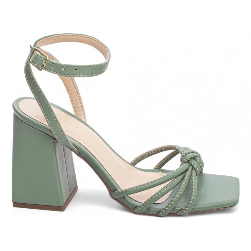Sandália Feminina Salto Alto Grosso Bloco Bico Quadrado 9cm Musgo Verde Torricella