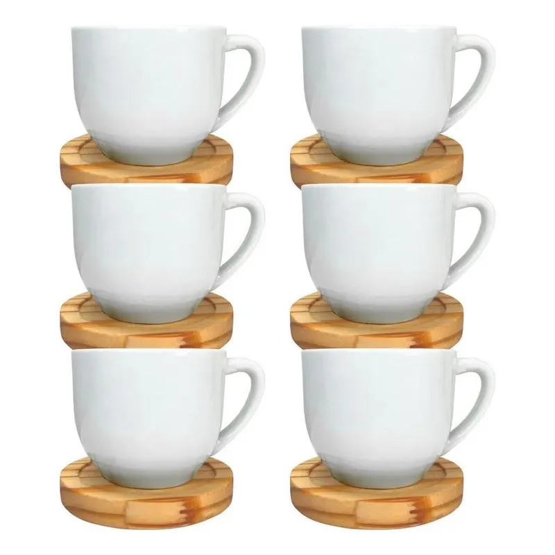 Jogo 6 Xícaras Chá Café Branca Porcelana Grande Pires Branc