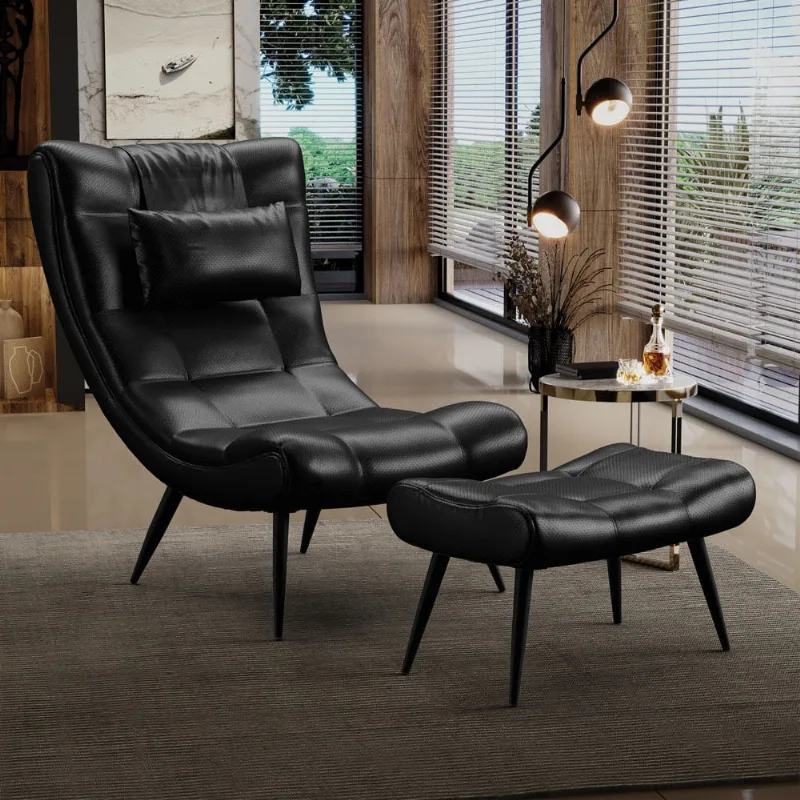 Poltrona e Puff Decorativo Sher Kit 2 Pé Palito Aço PU Facto D03 - D'Rossi Preto - DRossi