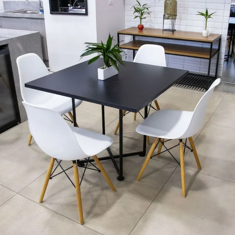 Mesa de Jantar 4 Lugares Preto Jade 90cm e Kit 4 Cadeiras Eiffel D03 - D'Rossi Branco