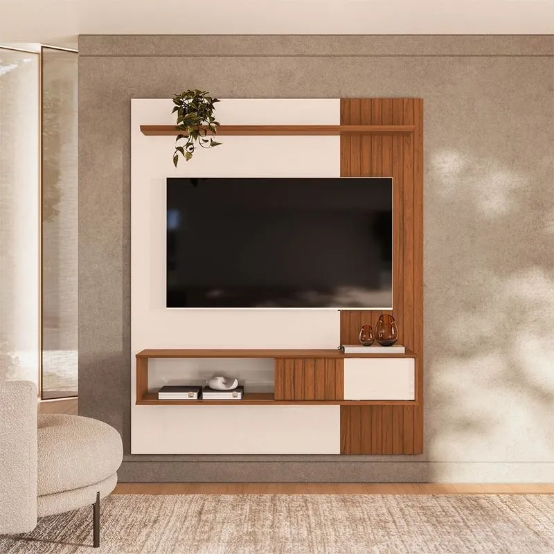 Painel tv até 65'' Ripado 150cm com Bancada Suspensa Atlas D04 - D'Rossi Off White e Freijó