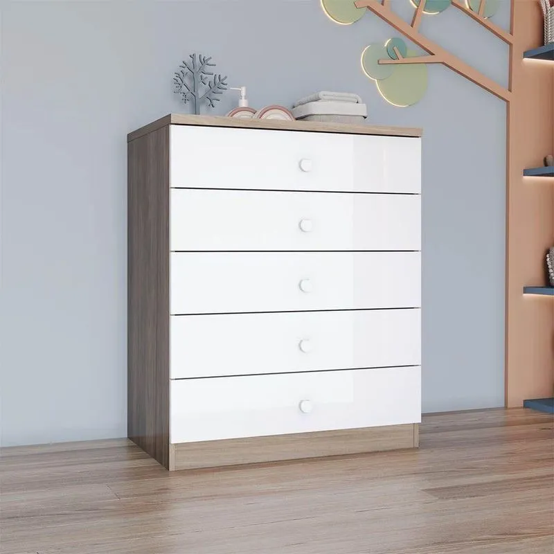 Cômoda Infantil Teddy H02 5 Gavetas MDF-MDP Rústico e Branco D'Rossi