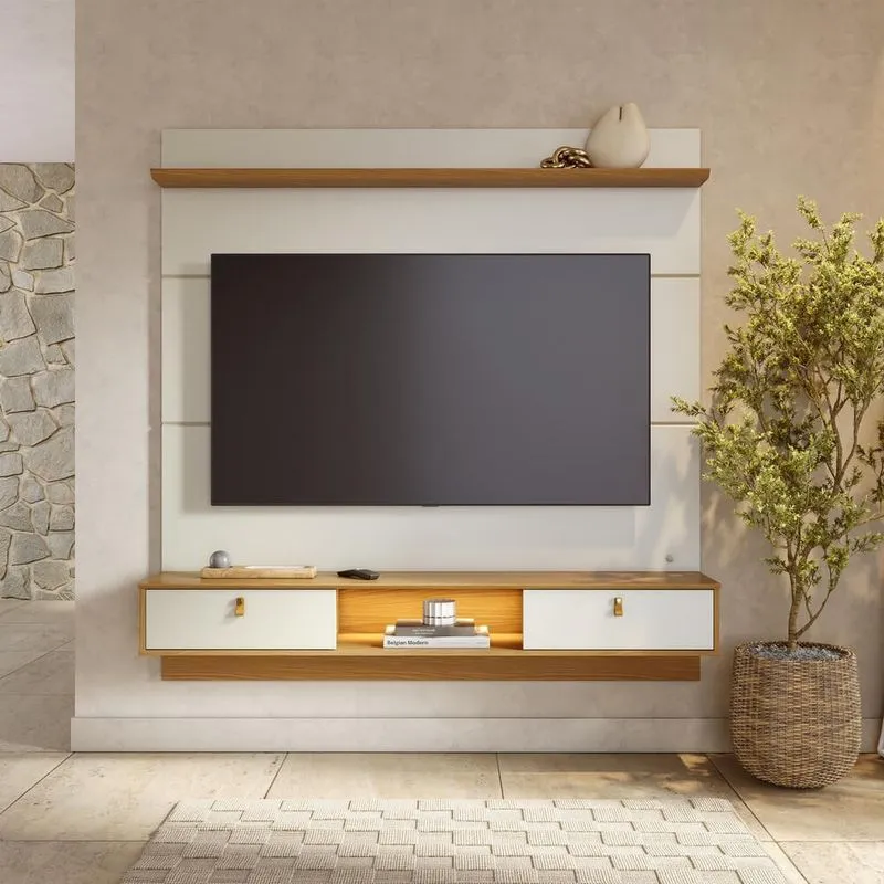 Painel TV 60" Suspenso 160cm com Bancada 2 Portas Basculante Ruan C04 - D'Rossi Off White/Freijó