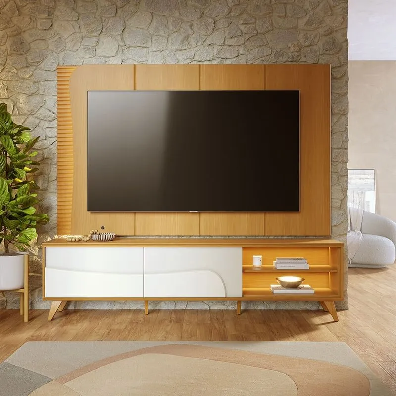 Painel TV 65" 217cm Bancada 2 Portas de Correr Pés Madeira Samira C04 - D'Rossi Naturale/Off White