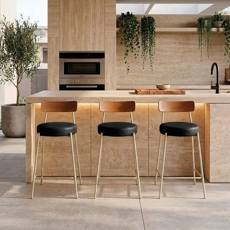 Banqueta Cozinha Média D03 Assento PU Base Aço com Encosto Preto D'Rossi