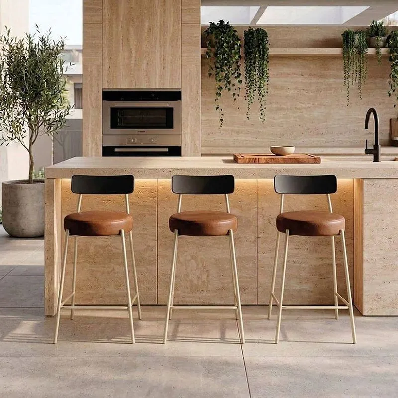 Banqueta Cozinha Média D03 Assento em PU Base Fixa com Encosto Preto e Champanhe D'Rossi