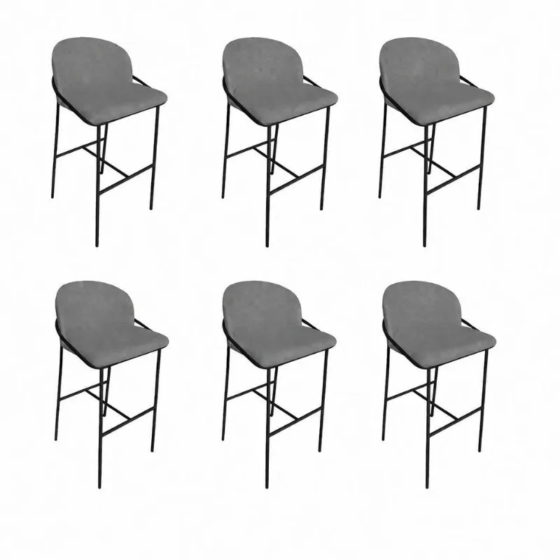 Kit 6 Banquetas Lívia Assento Tecido Bouclê Base Ferro Encosto Fixo Grafite