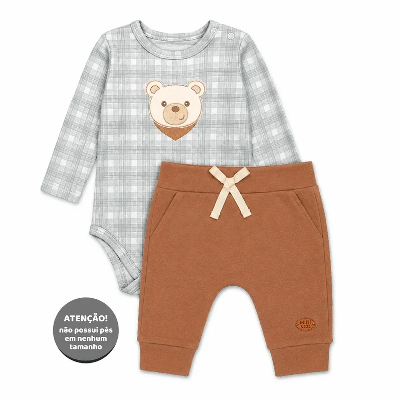 Conjunto Body Manga Longa e Calça Mini & Co Suedine Masculino - Ursinhos GG
