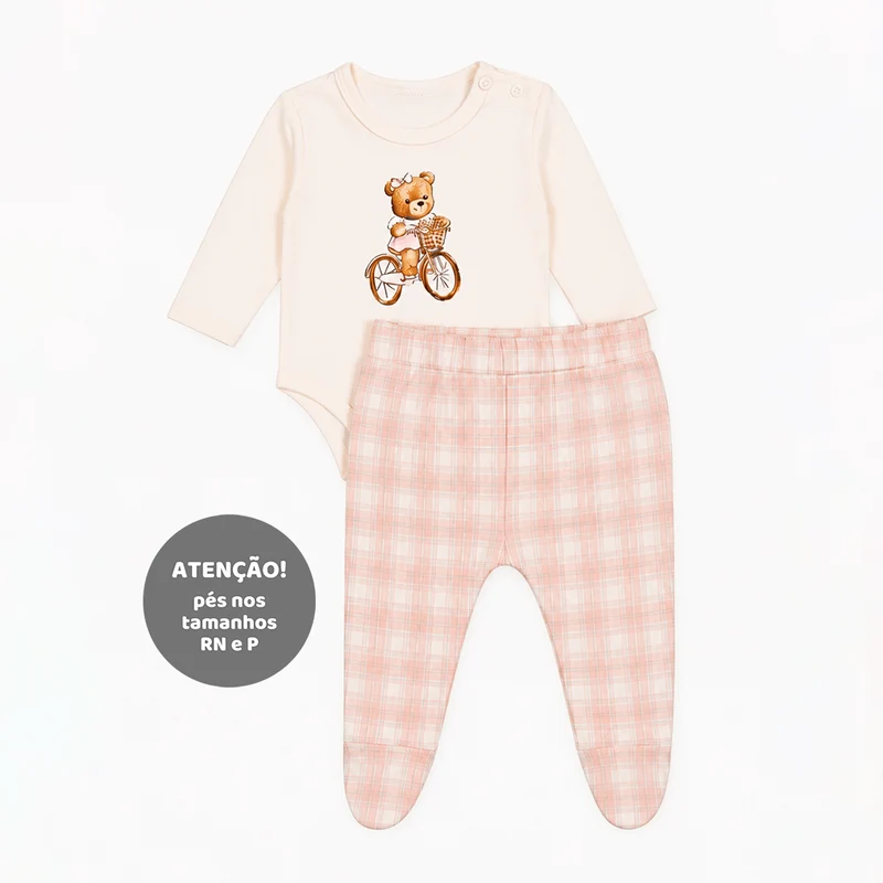 Conjunto Body Manga Longa E Mijão Com Babadinho Mini & CO Em Suedine Feminino - Ursinhas G