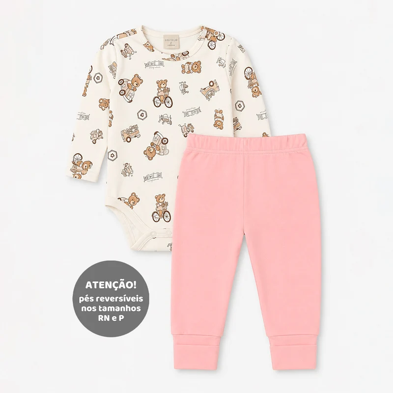 Conjunto Body Manga Longa E Mijão Com Pé Reversível Mini & CO Em Suedine Feminino - Ursinhas GG