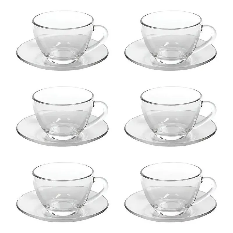 Jogo Xícaras Café Com Pires Chá 12 Peças Vidro Incolor 230ml