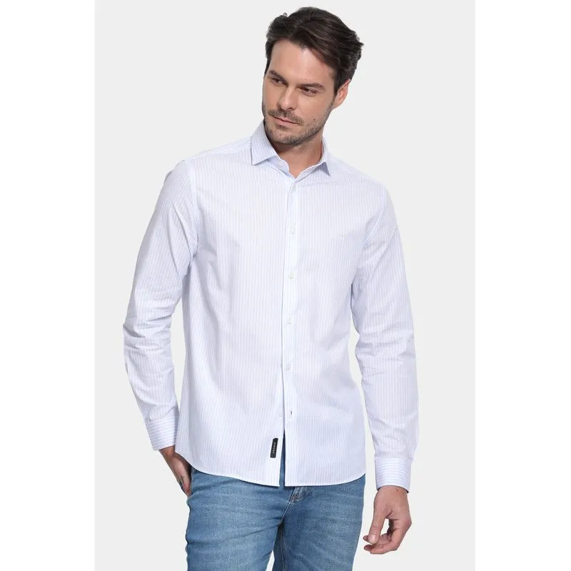 Camisa Manga Longa Slim Tricoline Listrado Branco Com Azul - M