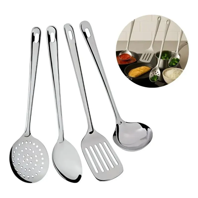 Aço Inox Cozinha 4 Peças Espatula, Colher Concha Escumadeira