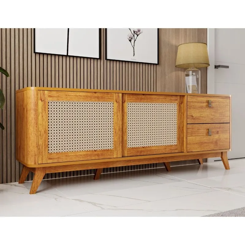 Aparador Buffet 2 Portas Rattan Sintético 4 Gavetas com Pés Amaranto Viero Móveis