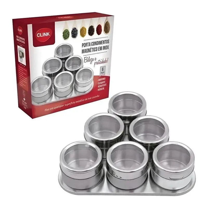 Porta Condimento Inox Imã Triangulo 6 Potes Tempero Geladeira