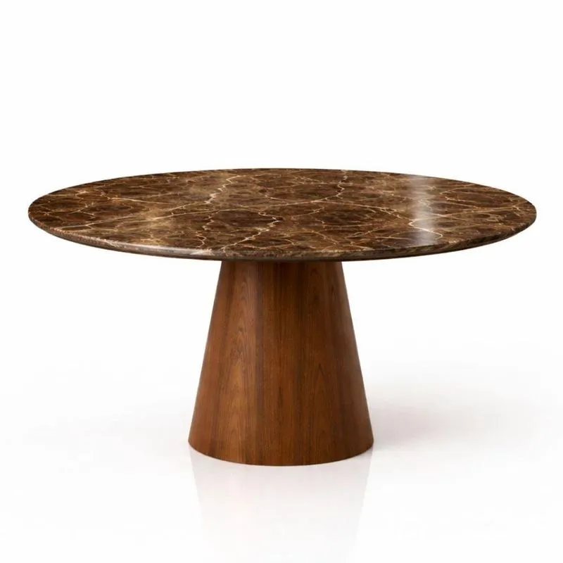Mesa De Jantar Cone Redonda 160cm Mármore Marrom Imperial Nogueira