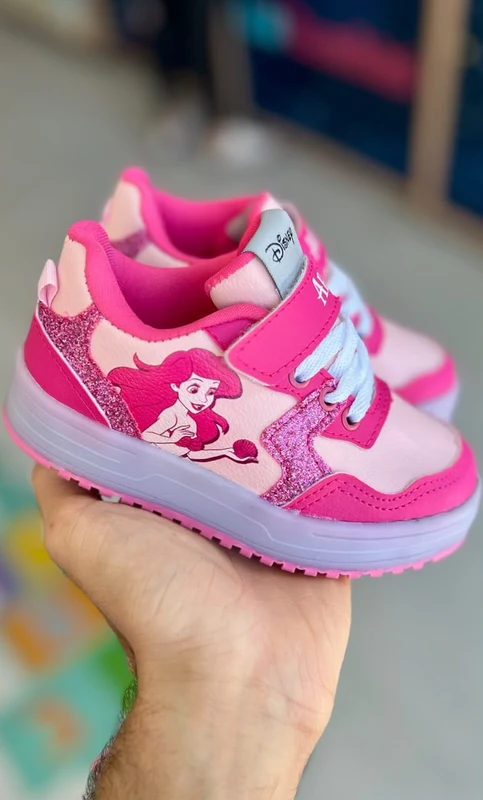 TÊNIS VELCRO E CADARÇO COM LED PRINCESA ARIEL GLITTER DISNEY MENINA DYAN ROSA/PINK / 29