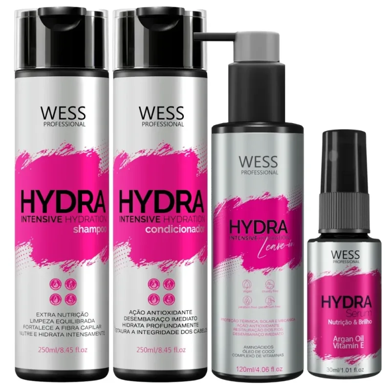 Wess Kit Hydra Shampoo, Condicionador, Leave-in e Sérum
