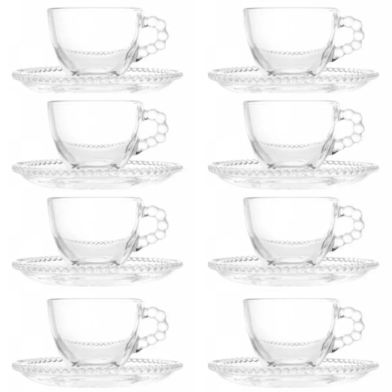 Jogo 16 Peças Xícaras Café e Pires 80ml Vidro Pearl Wolff Ch