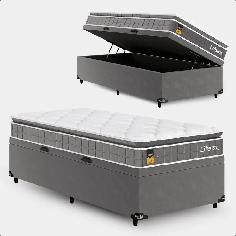 Cama Box Baú Solteiro Colchão Life D33 Pillow Top 61x88x188cm Cinza E-shop Casa