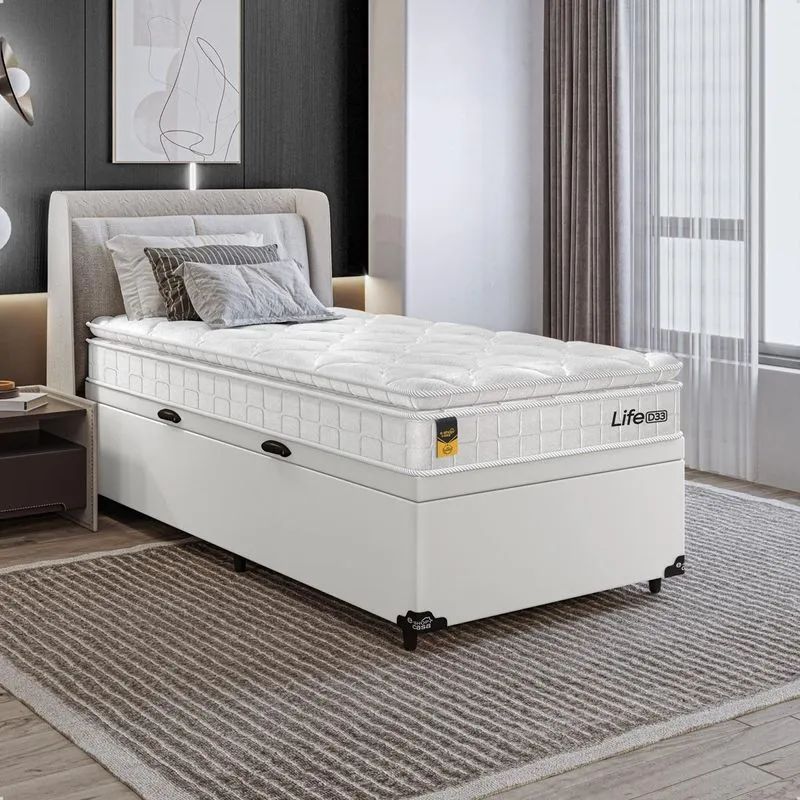 Cama Box Baú Solteiro Couro Branco + Colchão Life D33 Pillow Top 61x88x188cm Branco E-shop Casa