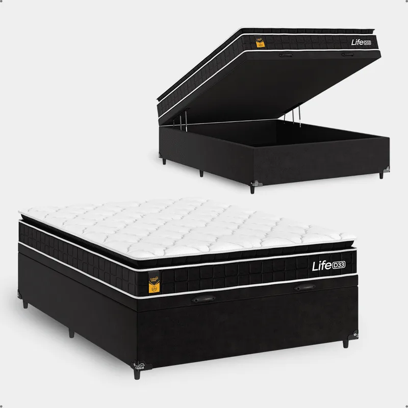 Cama Box Baú Viúva + Colchão Life D33 Pillow Top 61x128x188cm Preto E-shop Casa
