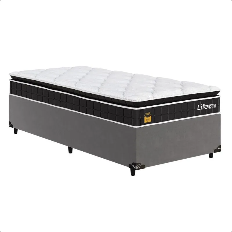 Cama Box Base Solteiro Cinza + Colchão Life D33 Pillow Top 61x88x188cm - Preto - E-shop Casa