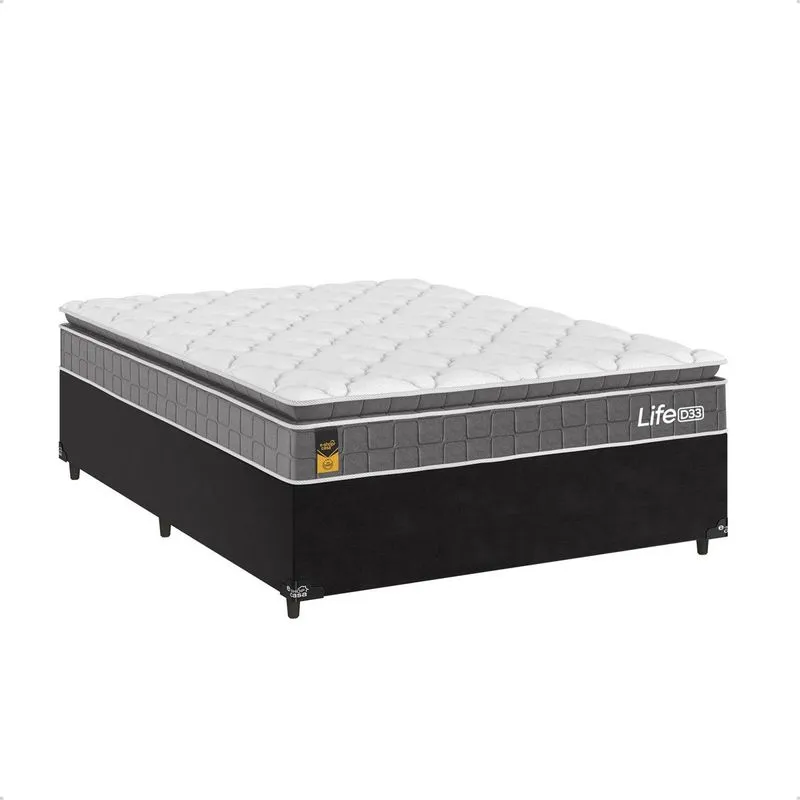 Cama Box Viúva Preto + Colchão Life D33 Pillow Top Cinza 61x128x188cm - E-shop Casa