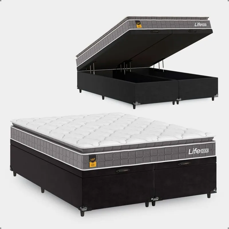 Cama Box Baú Casal Bipartido Preto + Colchão Life D33 Pillow Top 61x138x188cm Cinza - E-shop Casa