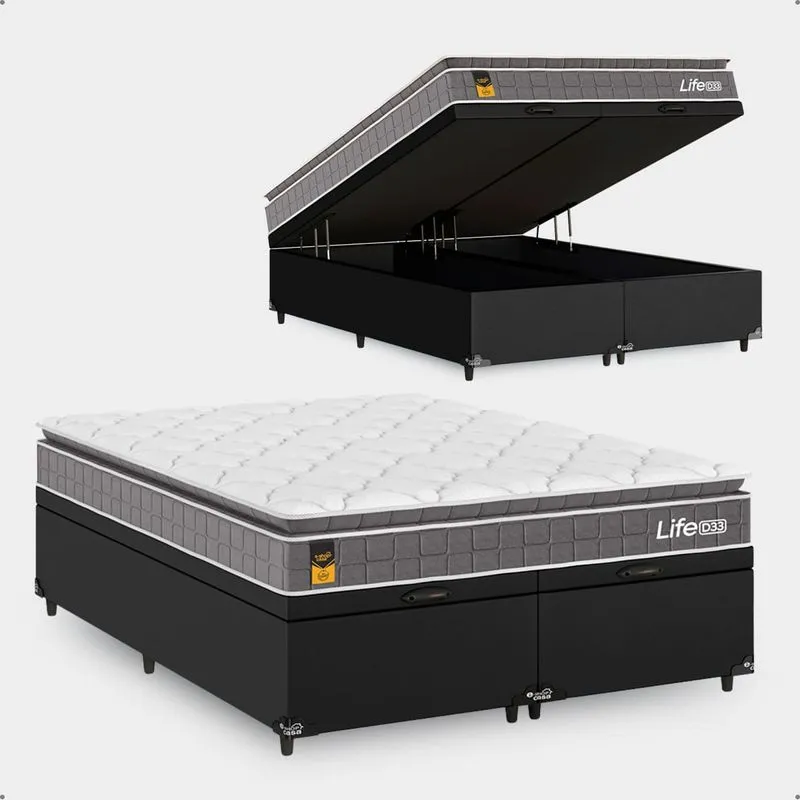 Cama Box Baú Casal Bipartido Couro Preto + Colchão Life D33 Pillow Top 61x138x188cm Cinza - E-shop Casa