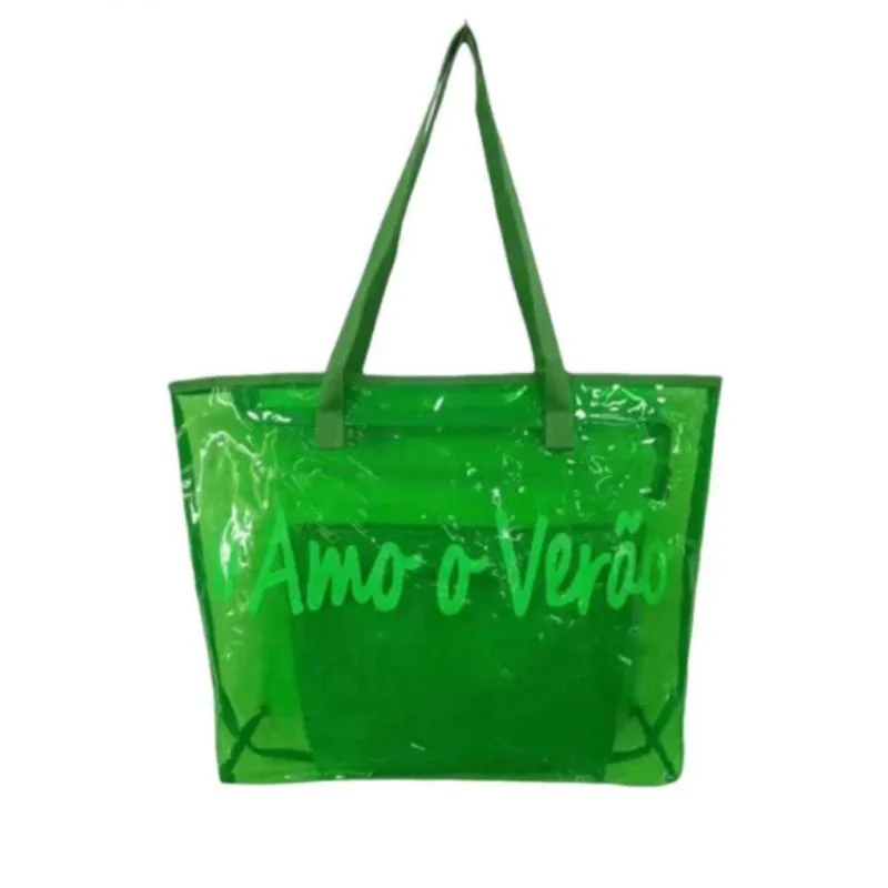 Kit Bolsa Sacola Amo O Verão De Silicone Leve De Ombro Com Alça Confortável De Praia Verde Escu
