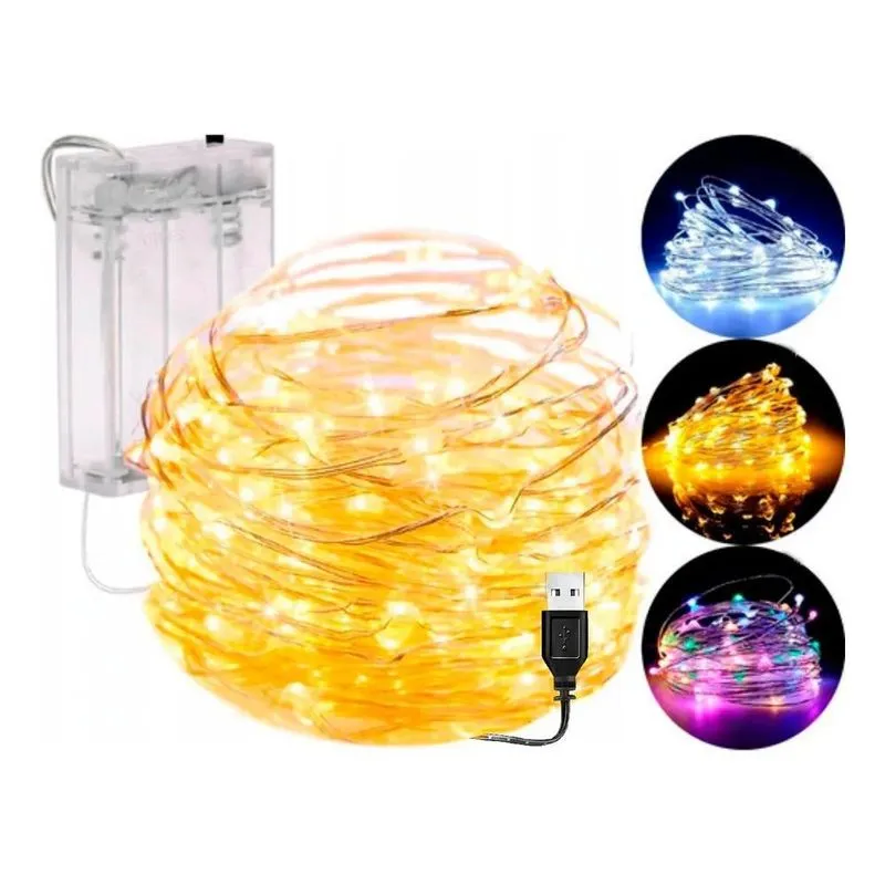 5x Fio Fada Cordão De Led 10m 100 Leds Fixo Pilha Branco Que