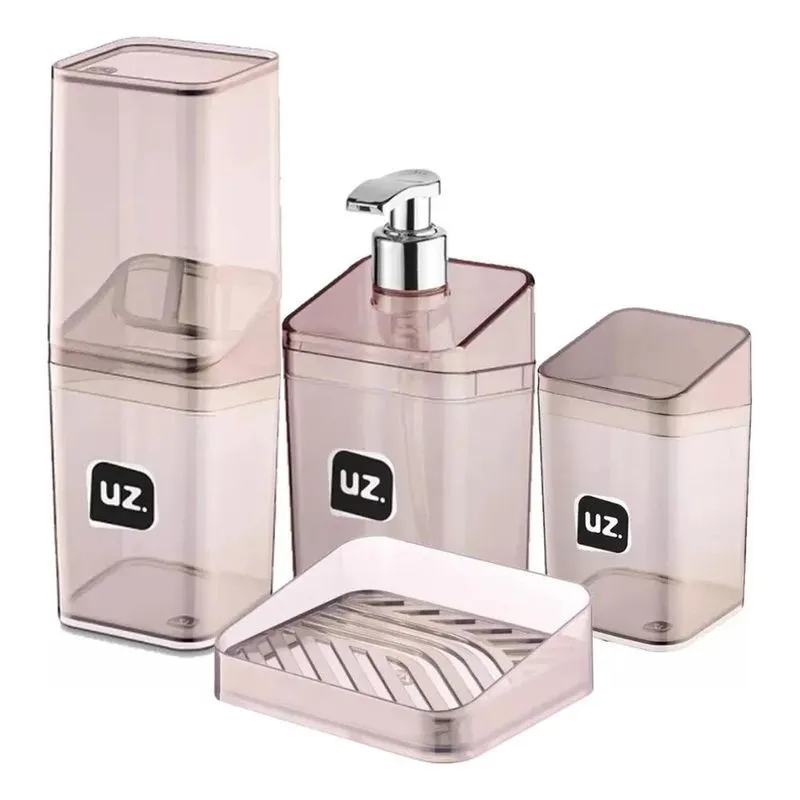 Kit Lavabo Banheiro Luxo 4pcs Saboneteira Acrílico Prem Rose