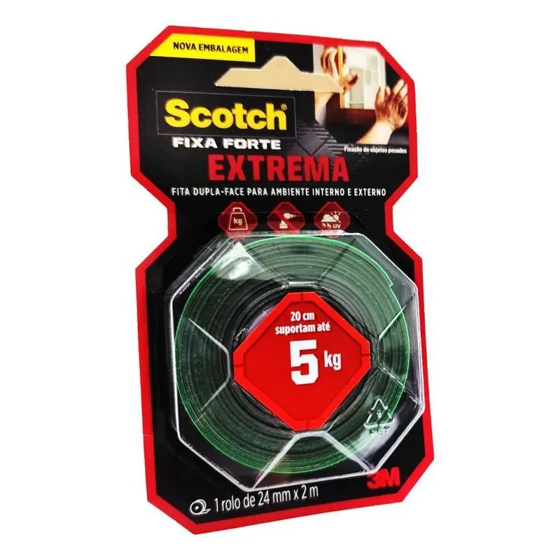 2x 3m Fita Dupla Face 24mm X 2m Scotch 5kg Extrema Fixa Fort