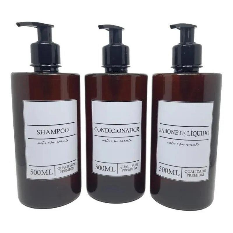 Frasco Âmbar Minimalista Shampoo Condicionado Etiqueta Bran