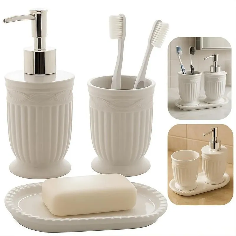 Jogo Com 3 Peças Para Banheiro Lavabo Branco E Prateado Lyor