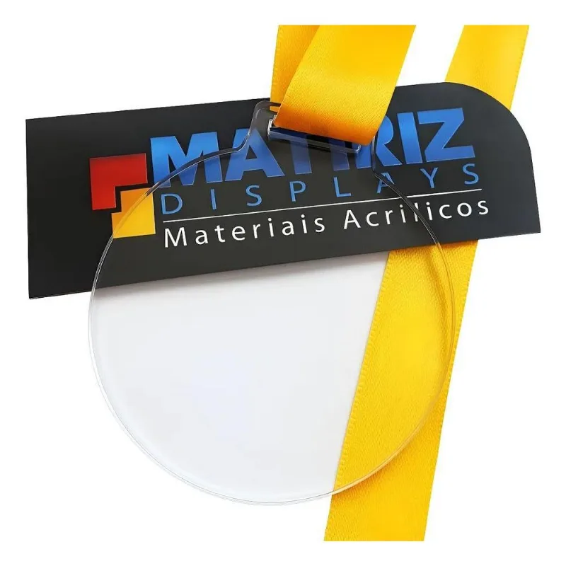 100 Medalhas Redonda 5cm Acrílico Cristal 2mm Fita Amarela