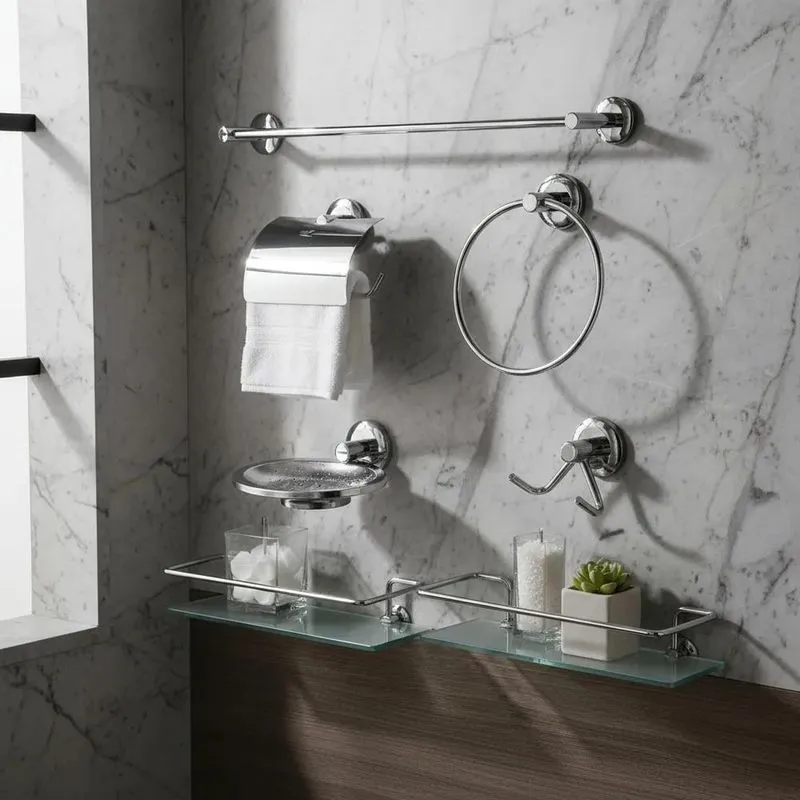 Kit Para Banheiro Acessórios Lavabo Inox Suporte Shampoo Box