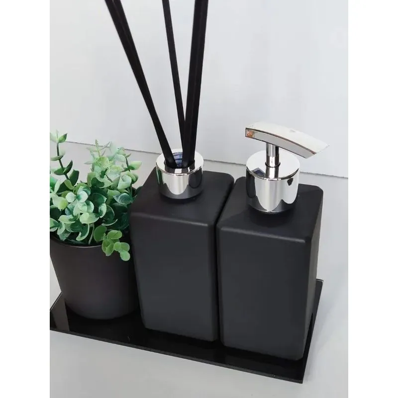 Kit Lavabo Banheiro Luxo Preto Com Bandeja E Porta Es Prata