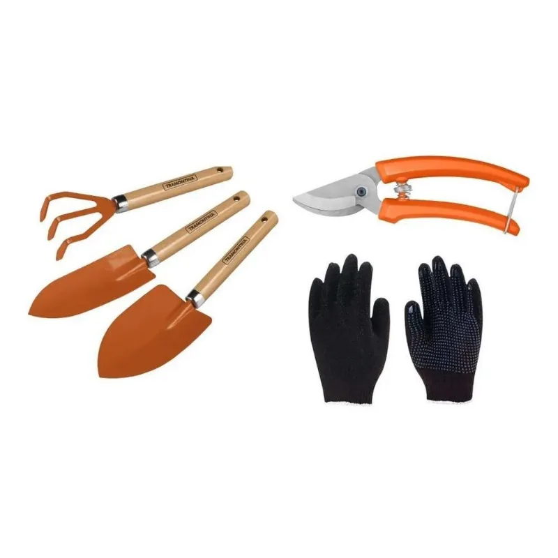 5x Jg Kit Jardinagem 5pç Tramontina Tesoura Ancinho Luva +2