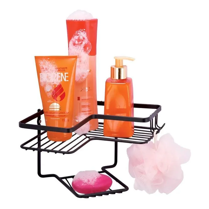 Suporte Porta Shampoo Sabonete Cantoneira Dupla Preta Black