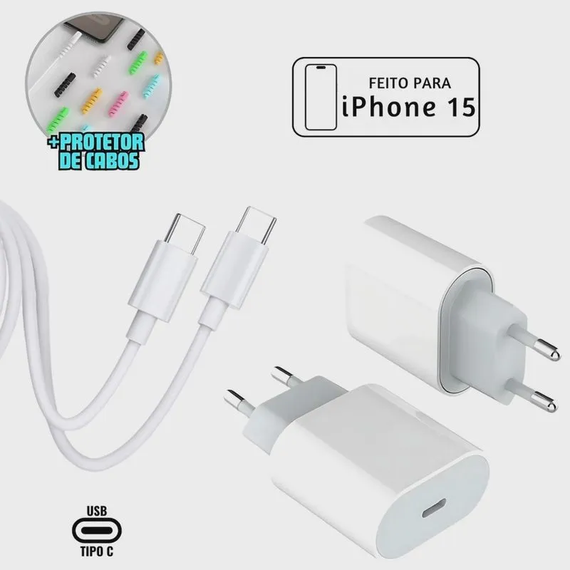 Carregador Completo Turbo 20w P/iPhone 15 15 Plus 15 Pró 15 Pró Max Fonte Usb Tipo C + Cabo Reforçado Type C + Brinde