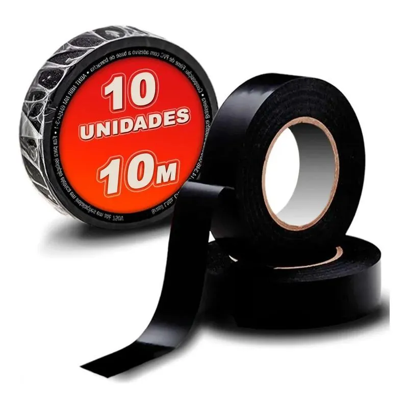 Kit 10 Fitas Isolantes 10 Metros Antichama Preta 10m