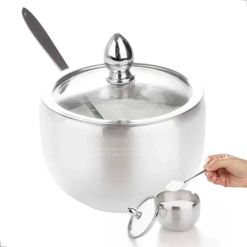 Açucareiro Em Aço Inox Com Tampa De Vidro E Colher - Lindo