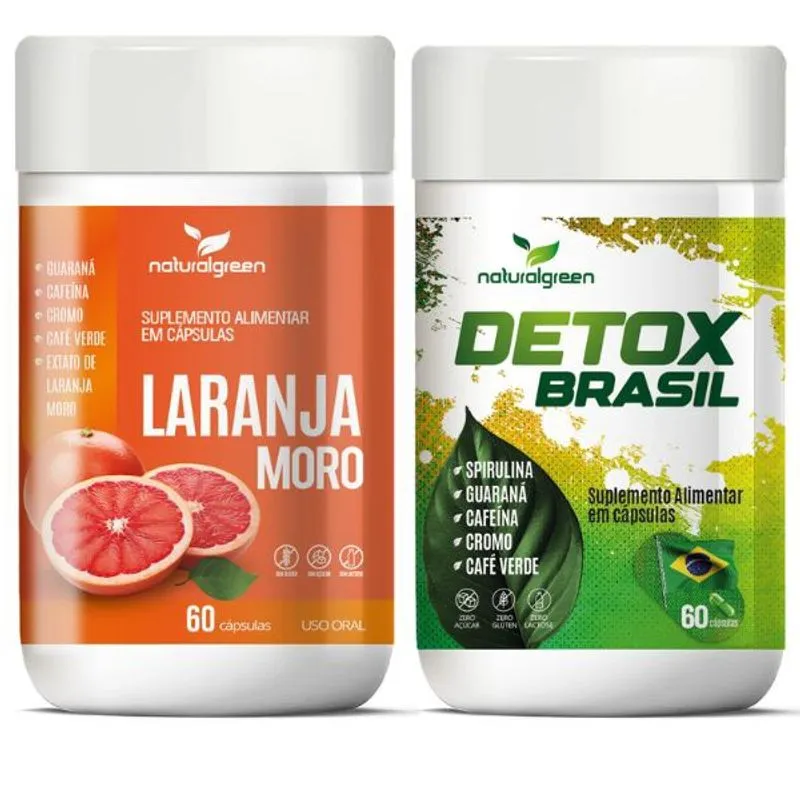 Kit Laranja Moro Guaraná Cafeína Cromo Café Verde Detox Brasil com Spirulina 60 Cápsulas