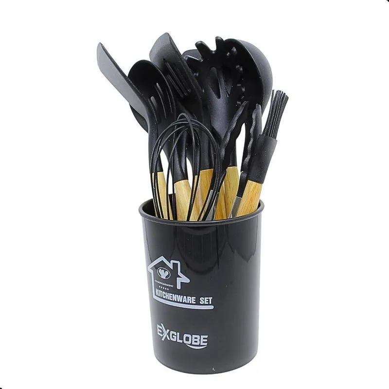 Kit De Utensílios De Cozinha 12 Peças Silicone Antiaderente Cabo De Madeira MDF Preto Aquilae