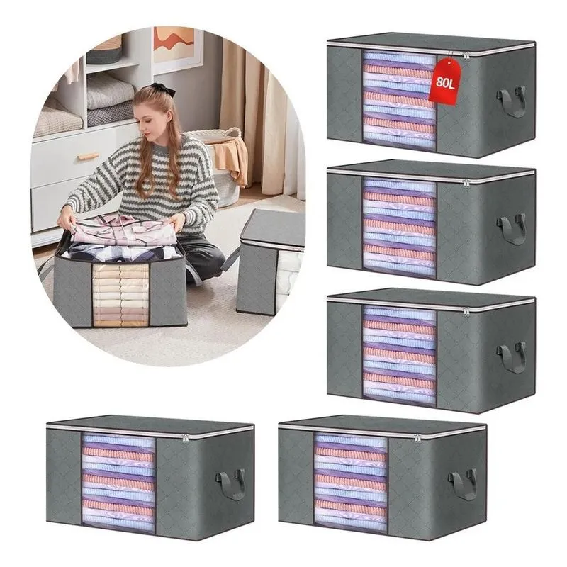 Kit5 Saco Organizador Edredom Roupa Cobertor Mult Cinza-escu