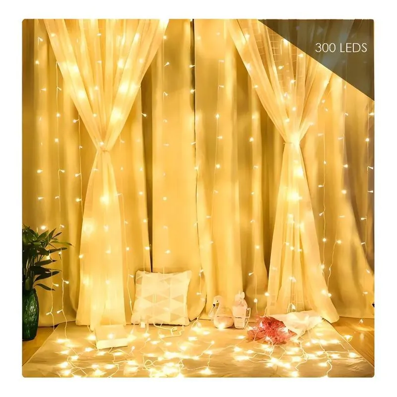 Cortina 300 Led Branco Quente 8 Funções Decoração 3mx2m