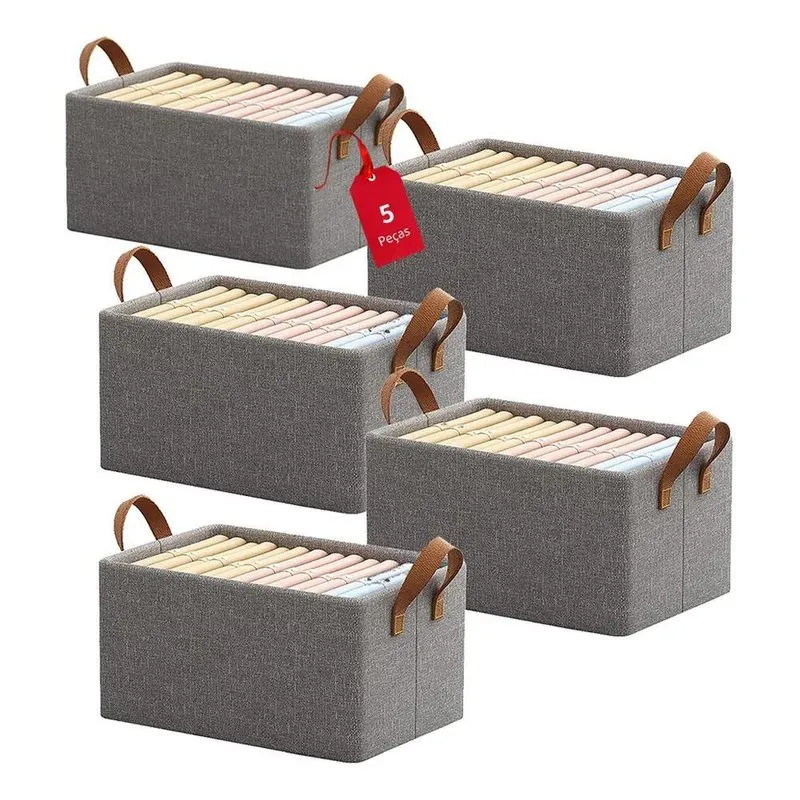 Kit 5 Cesto Caixa Organizadora Dobrável Guarda Roupa Gr Cinz