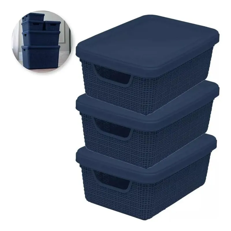 Kit 3 Caixas Organizadoras 15l Rattan Ce Azul-marin